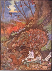 No burial this pretty pair of any man receives, but Robin Redbreast lovingly did cover them with leaves, 1930s